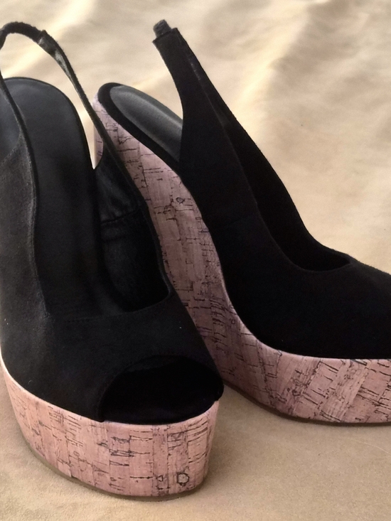 Shoes - Black Suede Peep-Toe Platform Wedges with Cork Heel